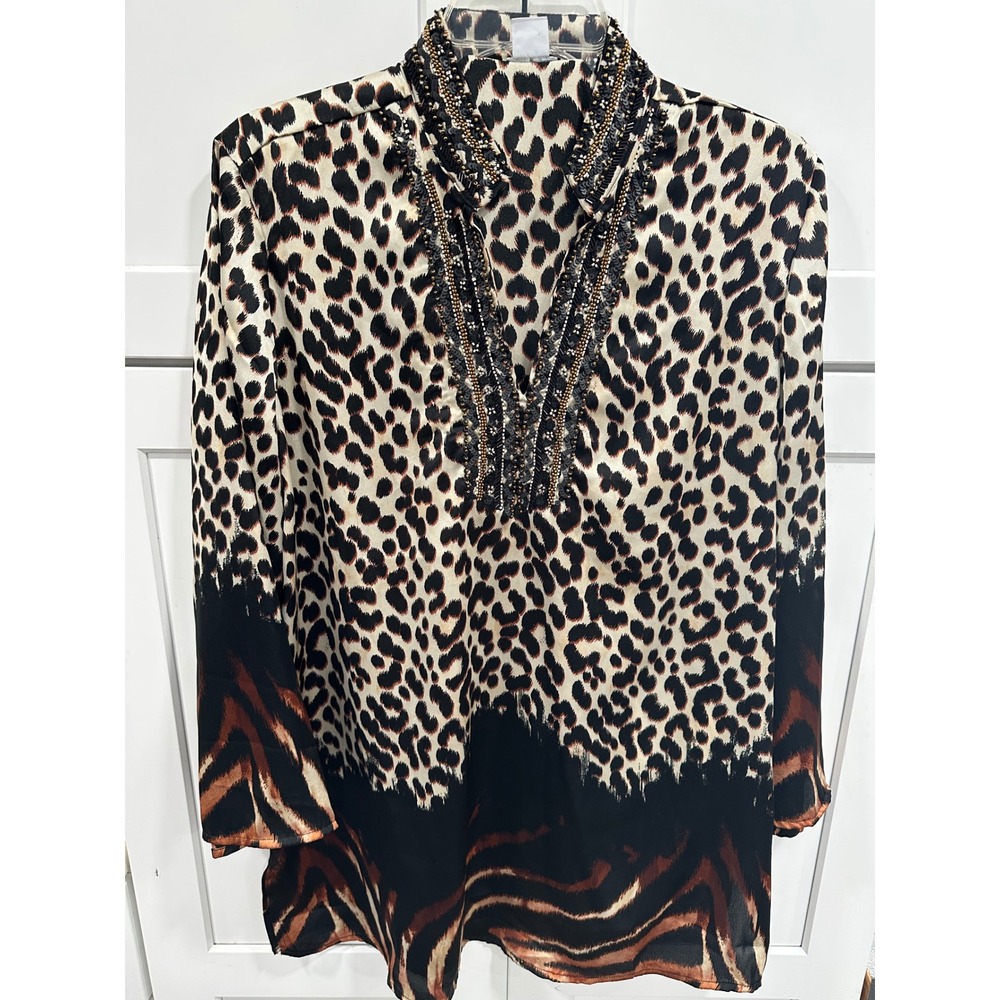 Chicos Leopard Print Beaded Tunic Blouse Womens 2 Large 12/14 Animal Print‎ Top